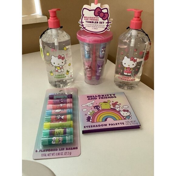 Hello Kitty & Friends Eyeshadow Palette, Lip Balm Set, Tumbler, Liquid Soap New - Picture 1 of 10
